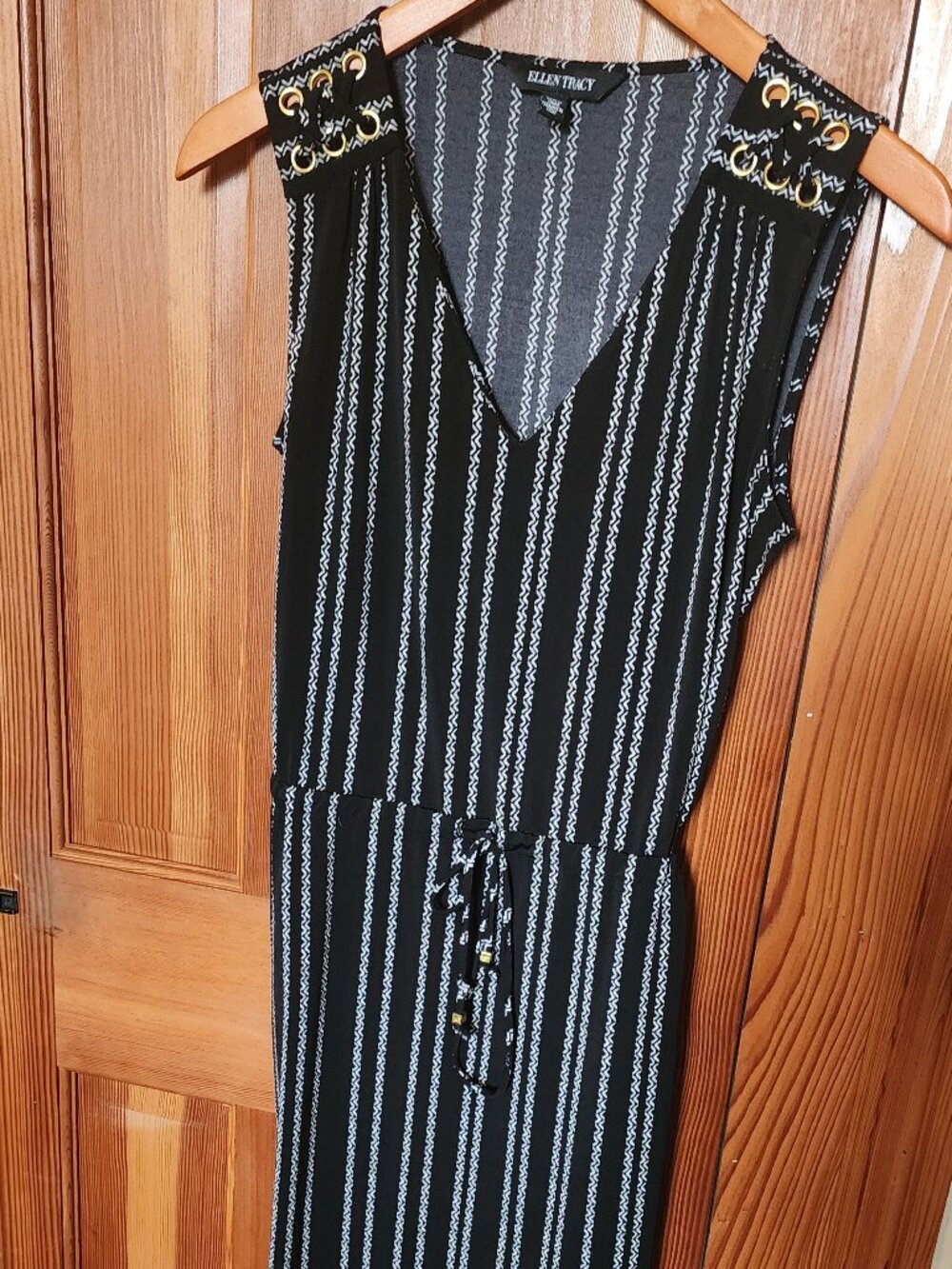 Sleeveless Black Ellen Tracy Dress, Gold Grommet Accents and Tie Waist, size S